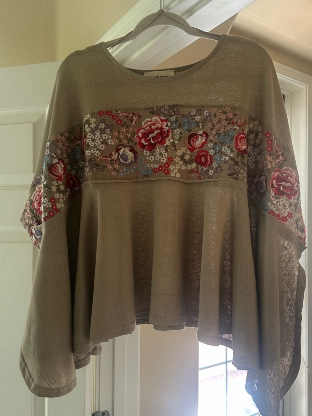 Embroidered Floral Panel Taupe Women's Top